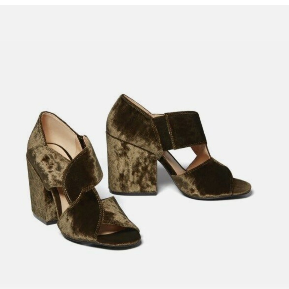 CAbi Green Velvet Open Toe Heels